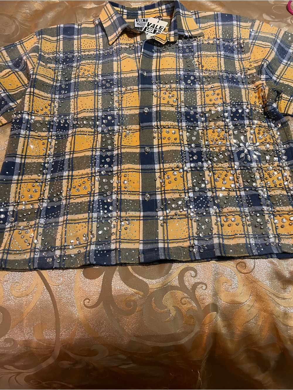 VALE Yellow & Navy Plaid Studded SWAROVSKI STONED Men's Shirt SZ. XL